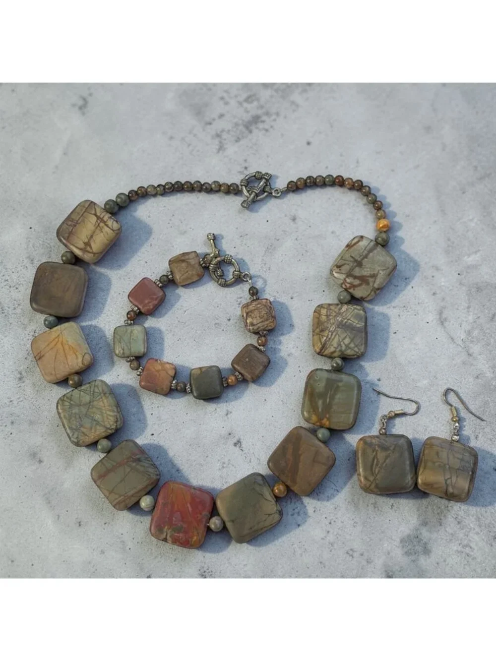 Vintage Jasper Stone Necklace Earthy Square Beads With Toggle Clasp Handmade - Picture 7 of 7